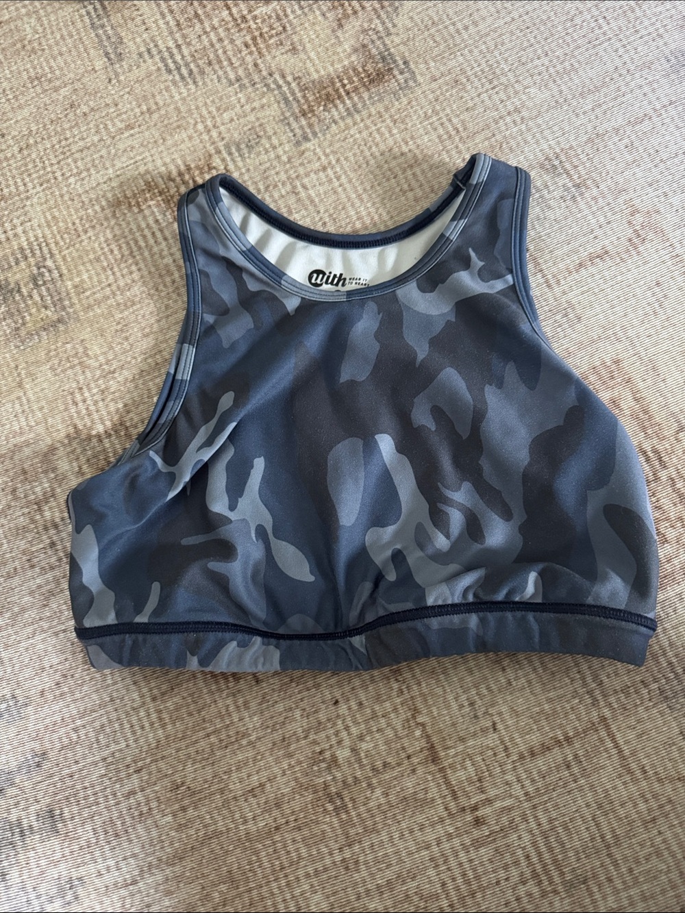 Gray/Blue Camo High-Neck Sports Bra